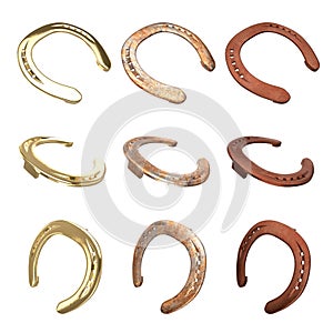 Gold metal, rust mixed and rust plain horseshoes different views isolated on white background collection