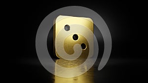 gold metal symbol of dice three 3D rendering with blurry reflection on floor with dark background