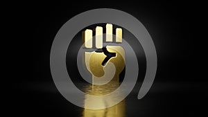 gold metal symbol of fist raised 3D rendering with blurry reflection on floor with dark background