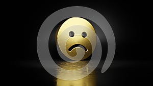 gold metal symbol of frown 3D rendering with blurry reflection on floor with dark background