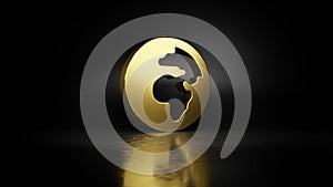 gold metal symbol of globe Africa 3D rendering with blurry reflection on floor with dark background