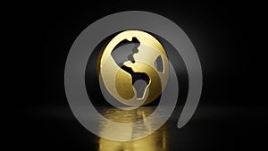 gold metal symbol of globe Americas 3D rendering with blurry reflection on floor with dark background