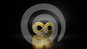 gold metal symbol of infinity 3D rendering with blurry reflection on floor with dark background