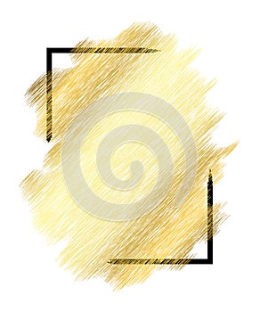 Gold metall texture, black frame. Golden color paint stroke isolated white background. Glitter stain design bright