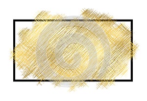 Gold metall texture, black frame. Golden color paint stroke isolated white background. Glitter stain design bright
