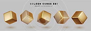 Gold metallic 3d cubes set isolated. Realistic vector geometric shape different angles in perspective
