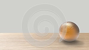 Gold metallic Basketball close-up on on wooden table white studio background, gilded, yellow, match, team, win, NBA, 3d render