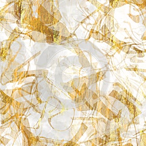 Gold metallic handmade rice paper texture. Seamless washi sheet background with golden blur metal flakes. For modern