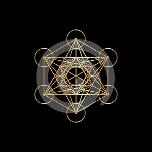 Gold Metatrons Cube, Flower of Life. Sacred geometry, golden graphic element Vector isolated on black background.