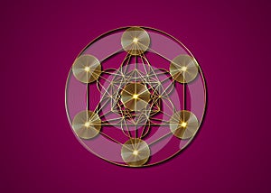 Gold Metatrons Cube, Flower of Life. Sacred geometry, graphic geometric elements. Mystic icon platonic solids, abstract geometric photo