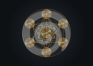 Gold Metatrons Cube, Flower of Life. Sacred geometry, graphic geometric elements. Mystic icon platonic solids, abstract geometric