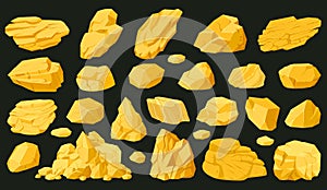 Gold mine nuggets, cartoon golden shiny stones. Yellow golden jewel nuggets vector symbols illustration set. Golden treasure rocks