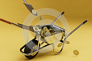 gold mining concept. with a shovel they pour gold coins into a construction cart. 3d render