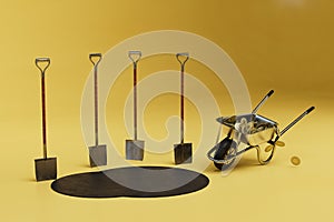 gold mining concept. shovels and a construction trolley in which gold coins lie. 3d render