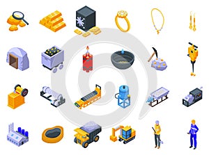 Gold mining icons set isometric vector. Golden mine