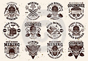 Gold mining industry set of vintage vector emblems