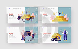 Gold Mining Landing Page Template Set. Miner Characters Working on Quarry, Transport and Technique. Extraction Industry