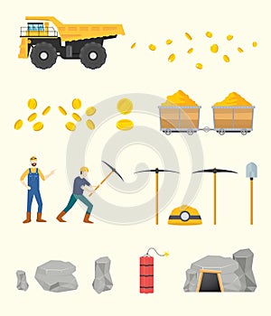 Gold mining set collection objects with people and other tools - vector illustration