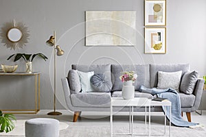 Gold mirror above shelf with plant in grey living room interior