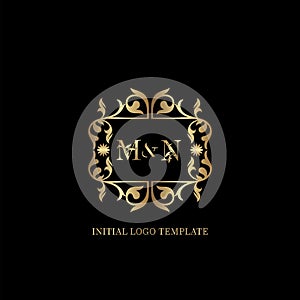 Gold MN Initial logo. Frame emblem ampersand deco ornament monogram luxury logo template for wedding or more luxuries identity