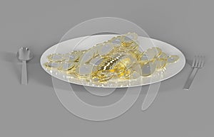 Gold modern coins in a white porcelain plate with a spoon and fork on a gray background.