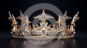 A gold monarch crown set against a simple backdrop. embellished with priceless stones. It represents the renown of a kingdom