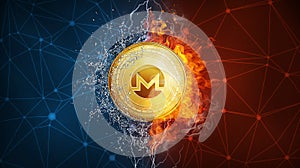 Gold Monero coin hard fork in fire flame, lightning and water splashes.