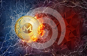 Gold Monero coin hard fork in fire flame, lightning and water splashes.