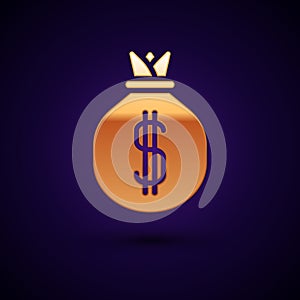 Gold Money bag icon isolated on black background. Dollar or USD symbol. Cash Banking currency sign. Vector Illustration