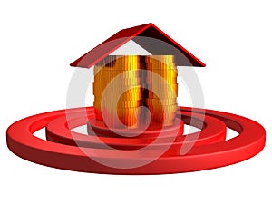 Gold money coins house as a center of red target