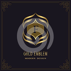 Gold Monogram. Letter F. Graceful Emblem Template. Simple Logo Design for Luxury Crest, Royalty, Business Card, Boutique, Hotel,