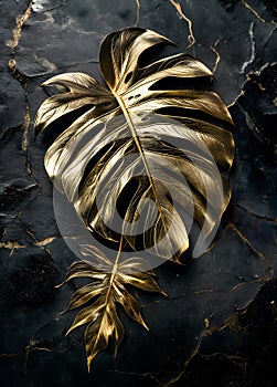 Gold monstera on black marble