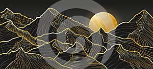 Gold mountains. Line art luxury background. Abstract hill relief, black and golden, nature, sun on map, foil texture