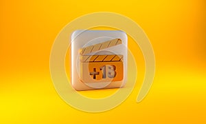 Gold Movie clapper with 18 plus content icon isolated on yellow background. Age restriction symbol. Adult channel