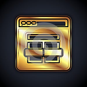 Gold MySQL code icon isolated on black background. HTML Code symbol for your web site design. Vector