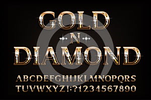 Gold n diamond alphabet font. Serif golden letters and numbers with diamond gemstone.