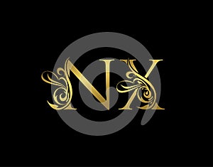 Gold N, X and NX Luxury Letter Logo Icon. Graceful royal style. Luxury alphabet arts logo photo