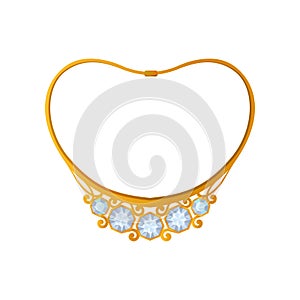 Gold necklace with five blue diamonds. Vector illustration.