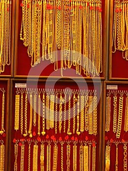 Gold necklaces for sale, Bangkok, Thailand.