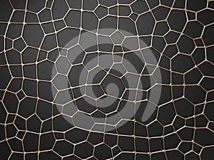 Gold net on dark panel. Golden celled relief on black. 3D rendering abstract background