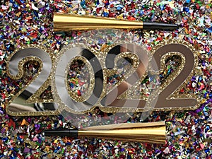 Gold New Year 2022 and horns