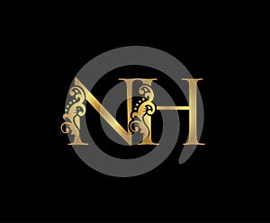 Gold NH Letter Classy Floral Logo