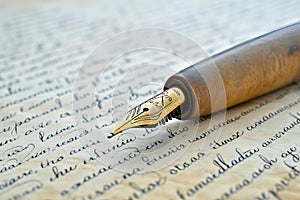 Gold-nibbed fountain pen on handwritten letter, suitable for historical documentaries or educational settings