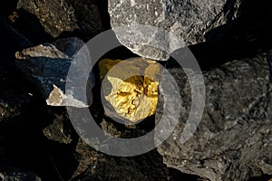 Gold nugget and grey granite stone background