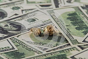 Gold nugget lies on dollars