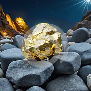 gold nugget sitting on top of pile of rocks in