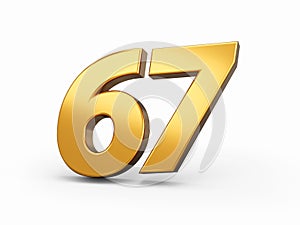 Gold number 67 Sixty seven isolated white background. shiny 3d number made of gold 3d illustration