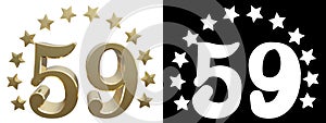 Gold number fifty nine, decorated with a circle of stars. 3D illustration