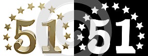 Gold number fifty one, decorated with a circle of stars. 3D illustration