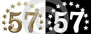 Gold number fifty seven, decorated with a circle of stars. 3D illustration